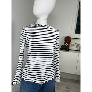 BODEN  Navy Striped Long Sleeve Tee Ruffled Collar and Cuffs 100% Cotton